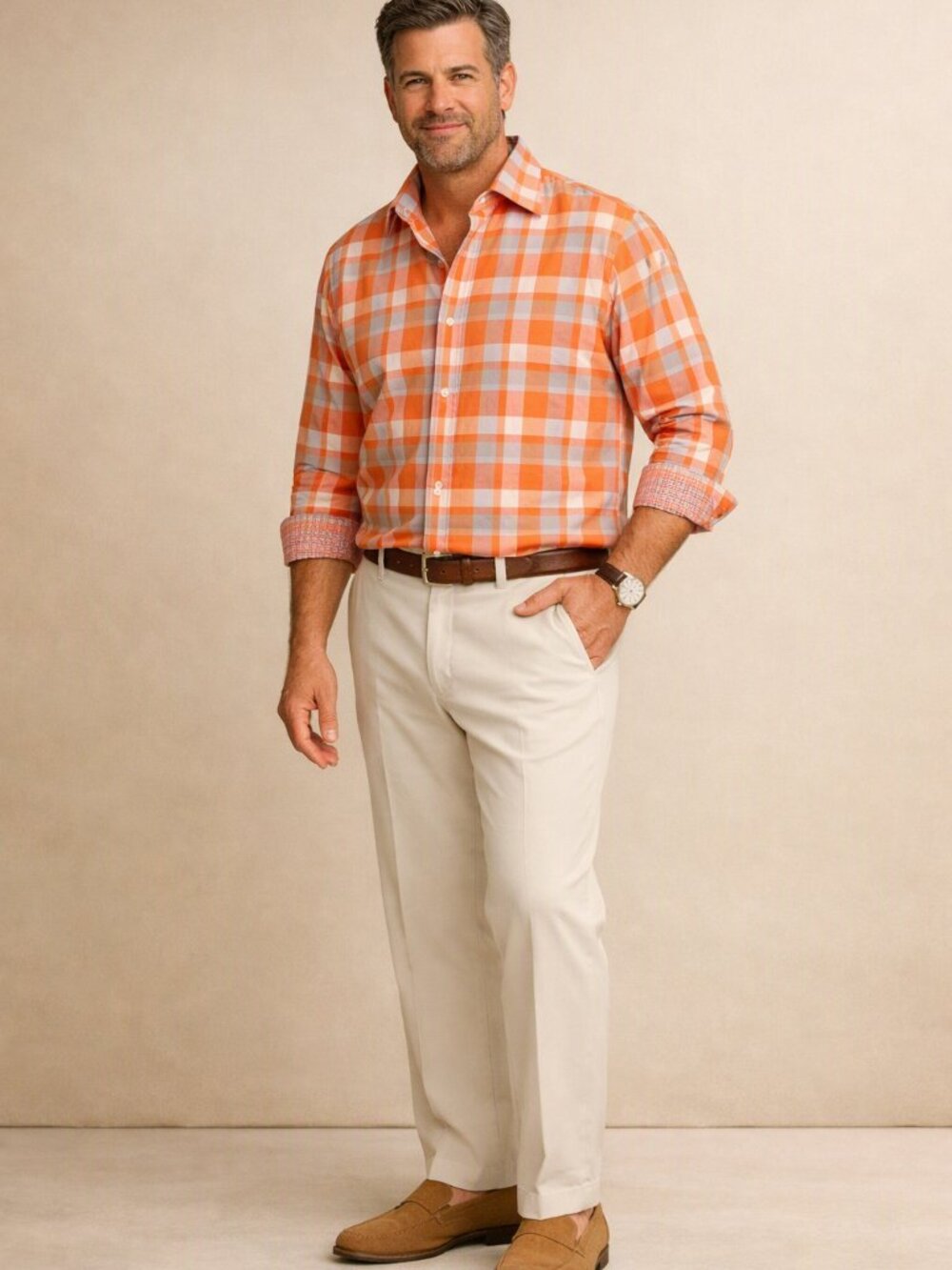 Thomas Dean Orange and White Plaid Men's Flip Cuff Shirt Size XL